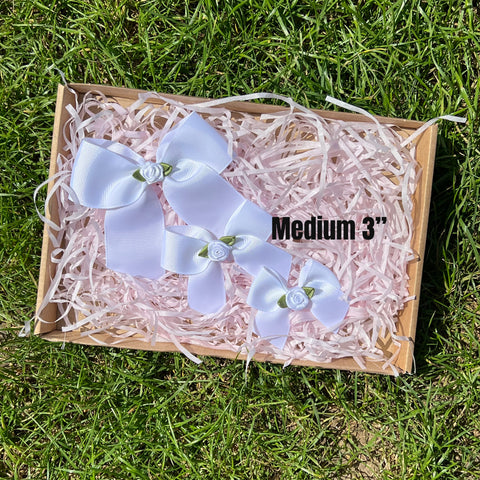 Medium 3” Ribbon Bow With RoseBud - Clip - Select Ribbon And Rose Colour